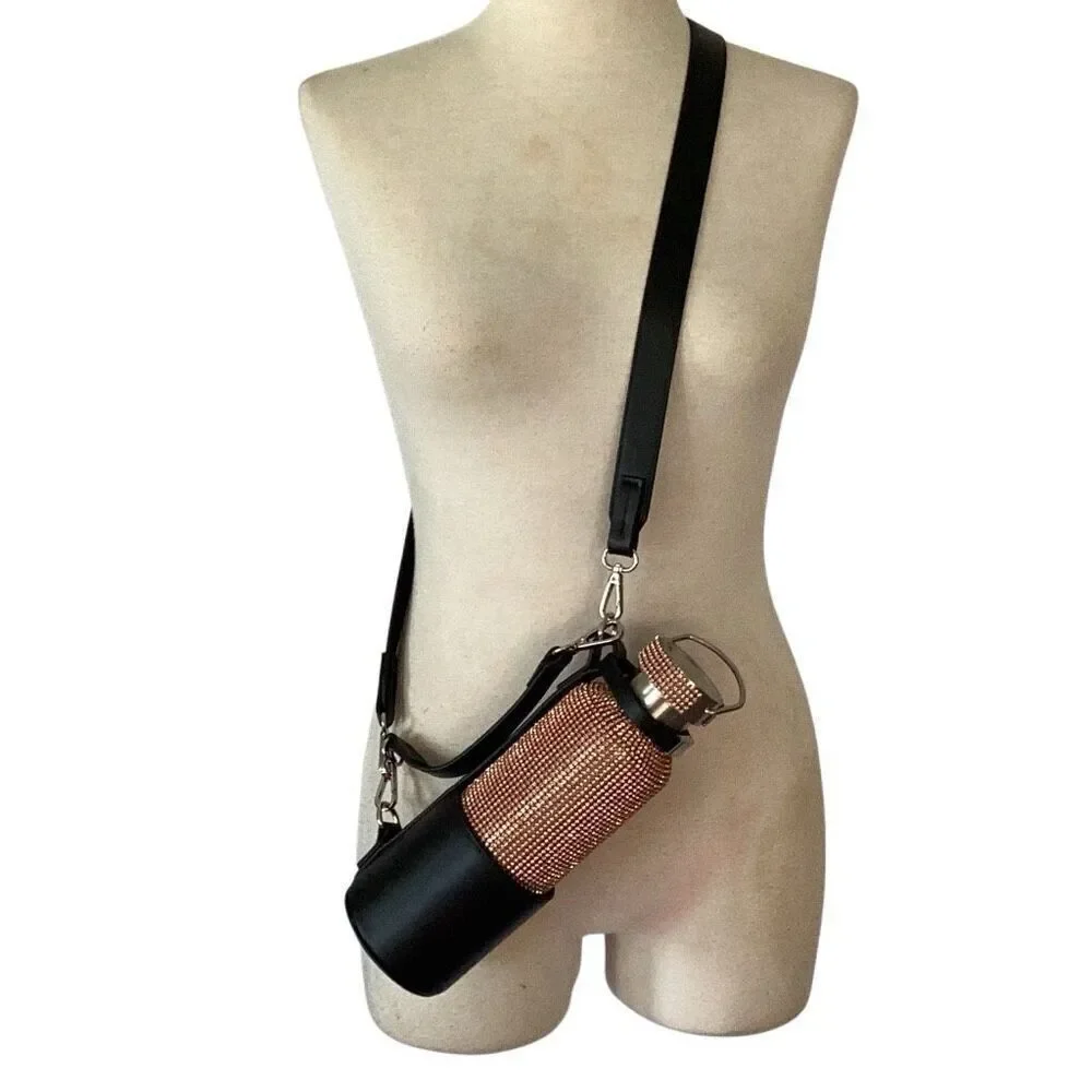 New Tomo Rhinestone Water Bottle w/ Vegan Leather Glam Bag Holder Rose Gold